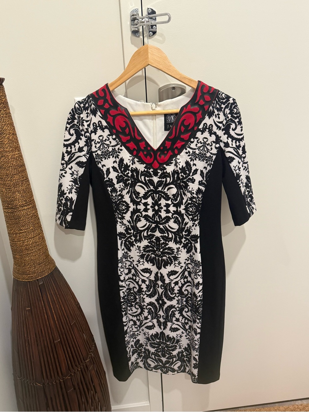 Jax Black and White Damask Midi Dress with Red Trim